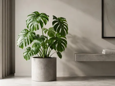 Monstera Deliciosa Plant in Minimalist Concrete Planter