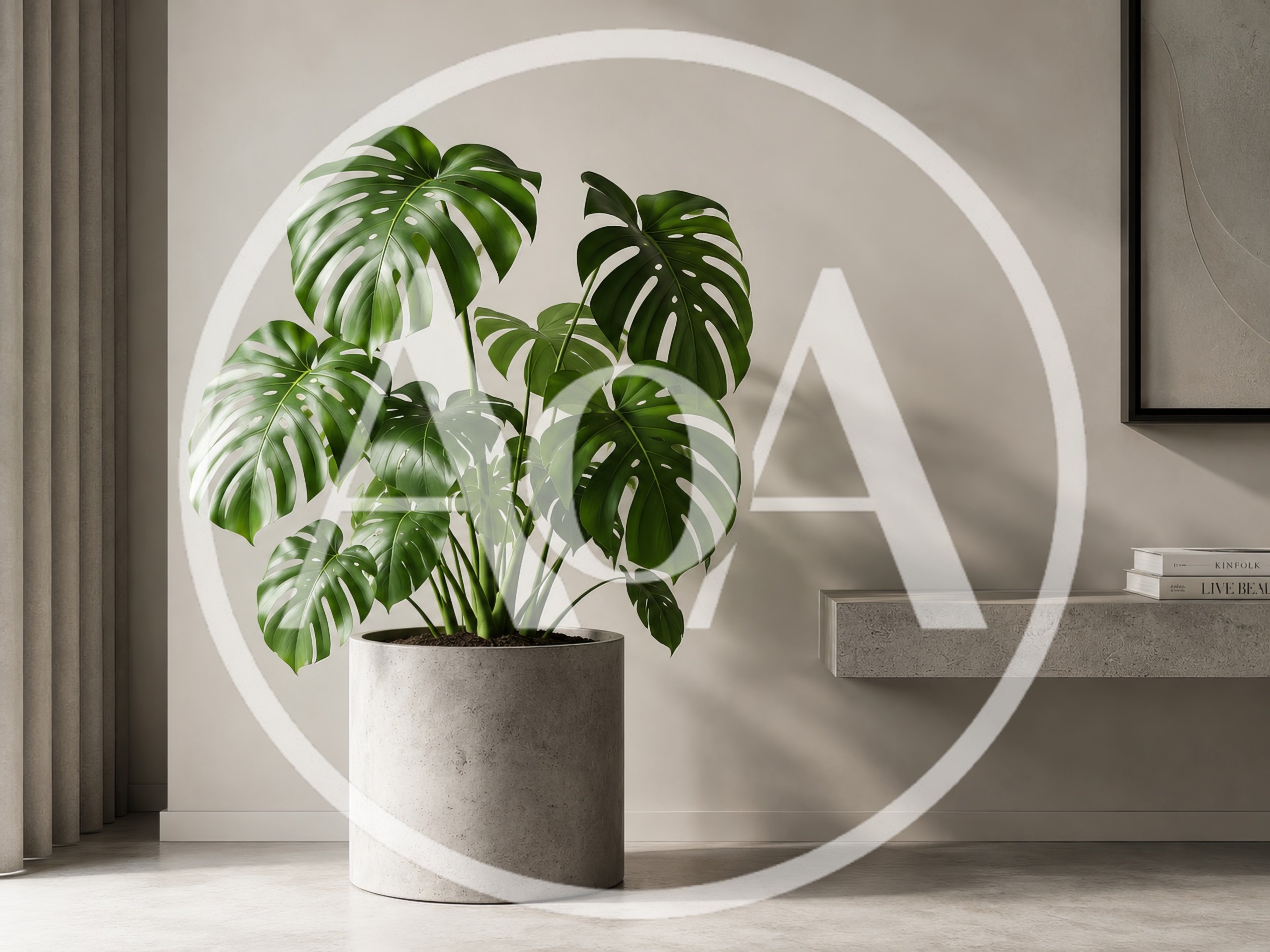 Monstera Deliciosa Plant in Minimalist Concrete Planter
