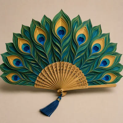 Intricate Paper Quilled Peacock Feather Hand Fan