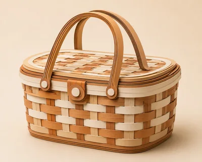Woven Picnic Basket With Lid On Beige Background