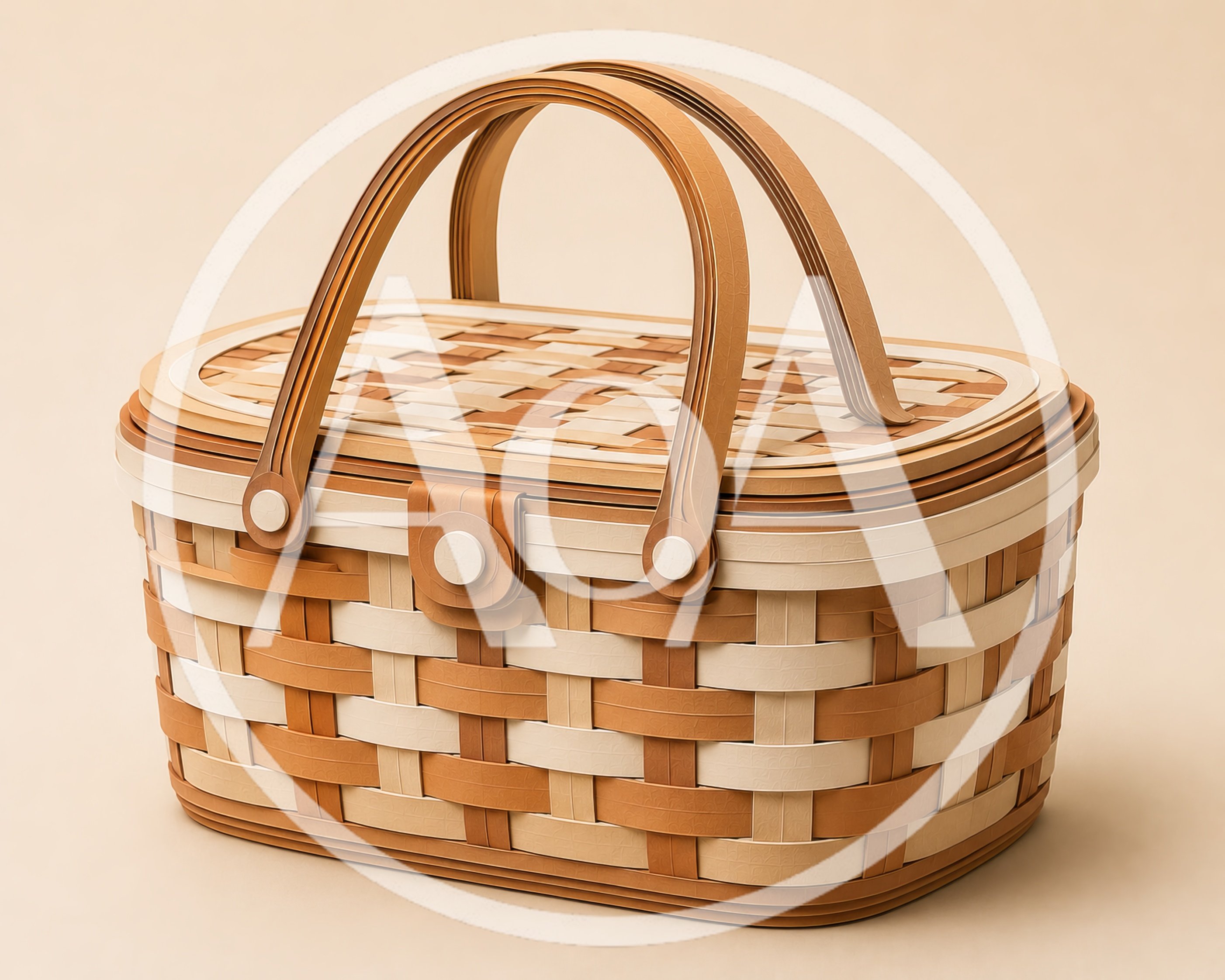 Woven Picnic Basket With Lid On Beige Background