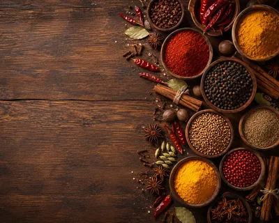 Assorted Spices and Herbs in Wooden Bowls