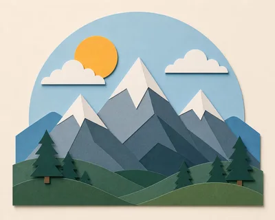 Paper Cutout Mountain Landscape With Pine Trees