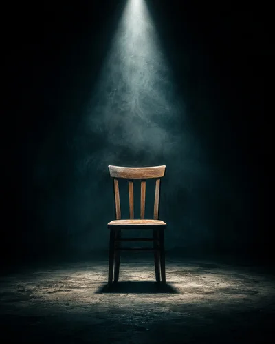 Single Wooden Chair Under Dramatic Spotlight