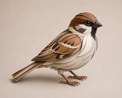 Paper Craft Sparrow Sculpture On Neutral Background