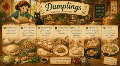 Illustrated Dumpling Recipe Infographic With Anime Style Character