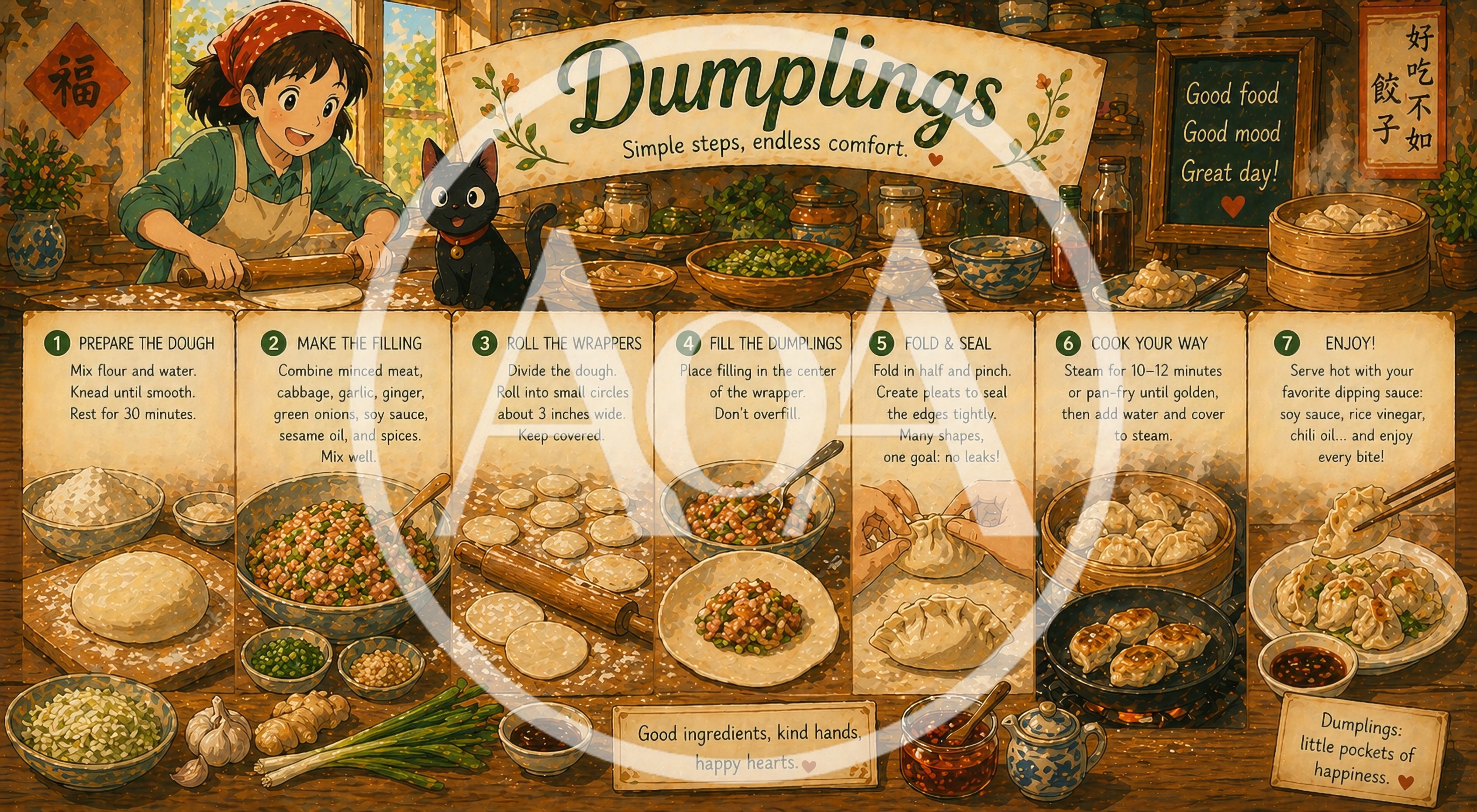 Illustrated Dumpling Recipe Infographic With Anime Style Character