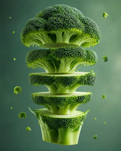 Floating Sliced Broccoli Stacks on Green Background