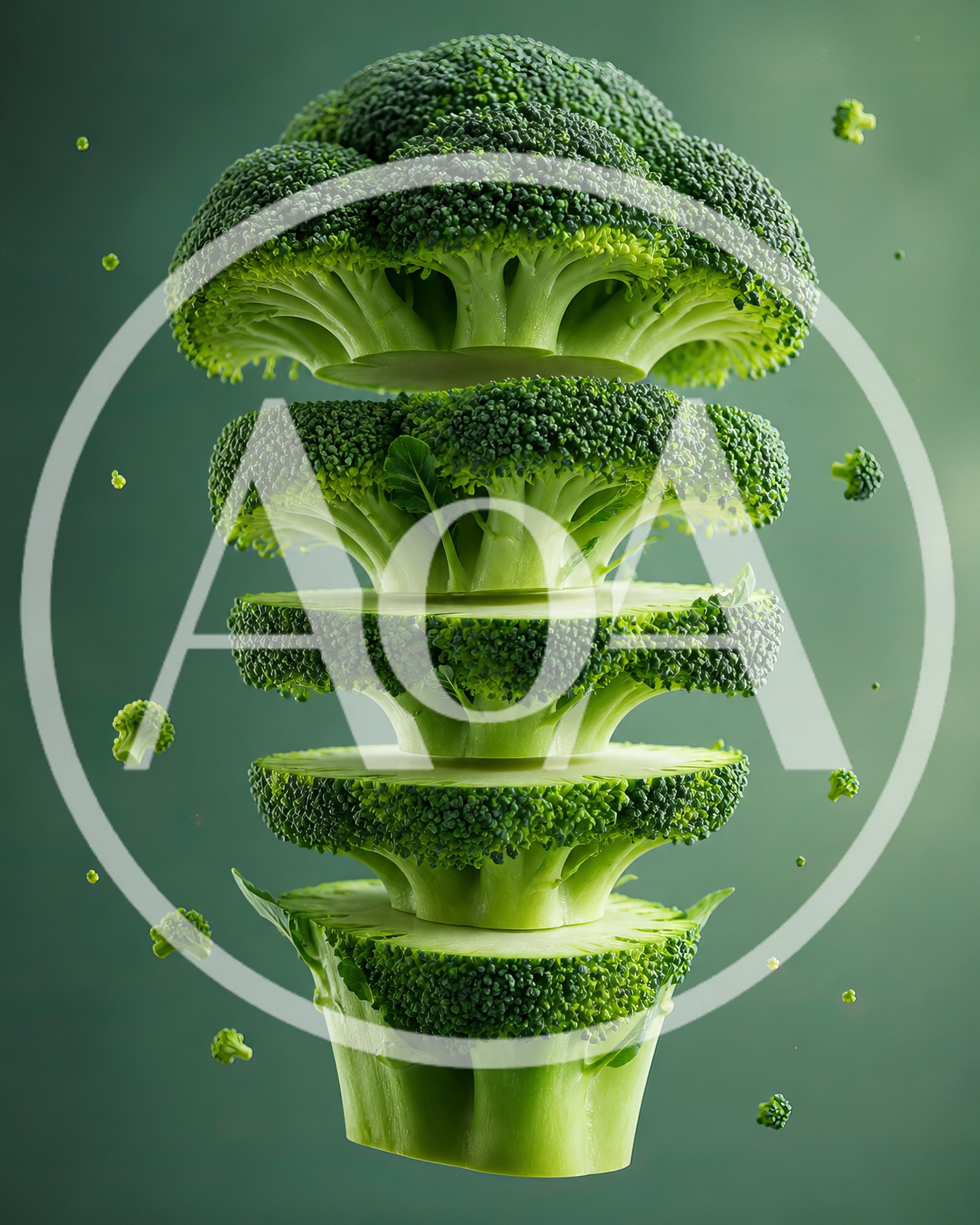 Floating Sliced Broccoli Stacks on Green Background