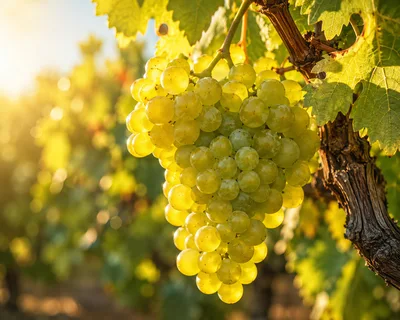 Golden Ripe Grapes Hanging On Vine In Vineyard