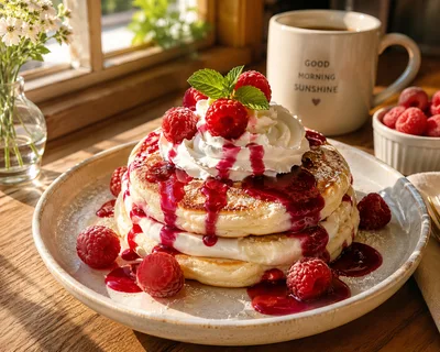 Stack Of Fluffy Pancakes With Raspberries And Syrup