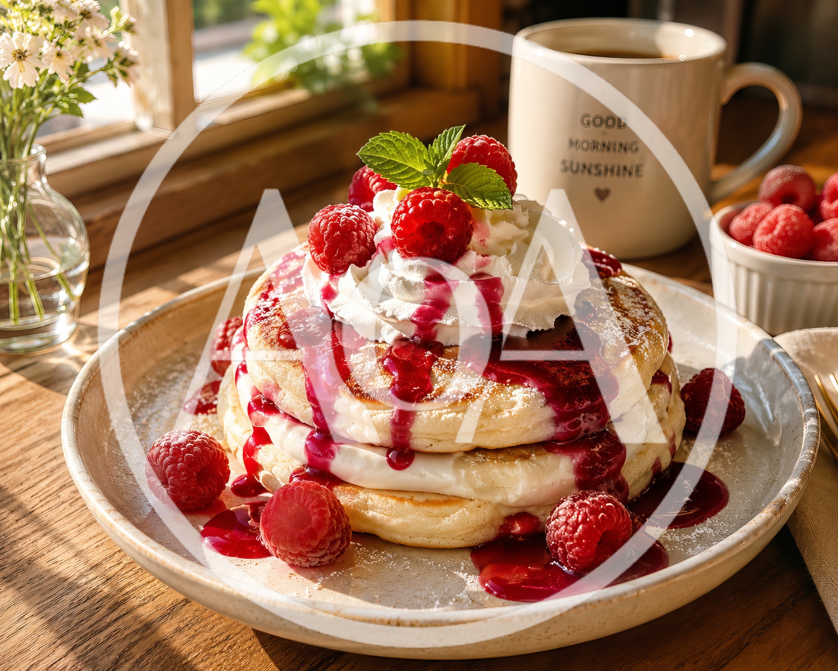 Stack Of Fluffy Pancakes With Raspberries And Syrup