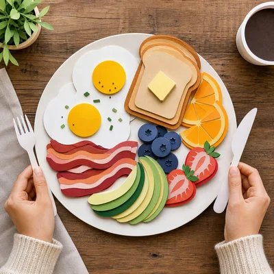 Paper Craft Breakfast Plate With Hands Holding Cutlery