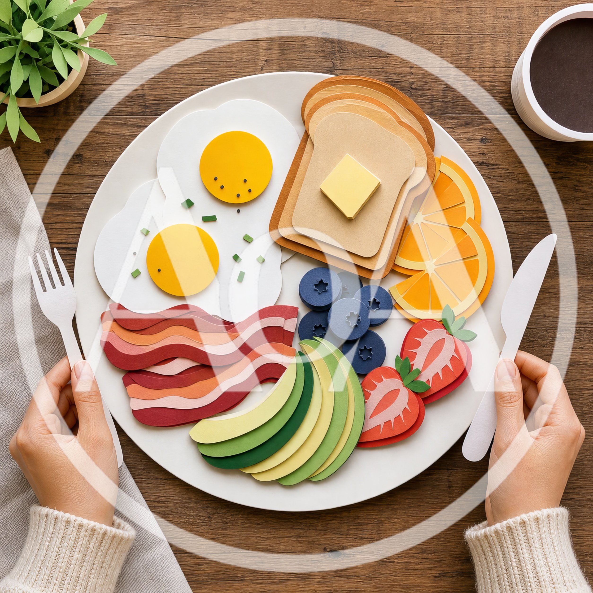 Paper Craft Breakfast Plate With Hands Holding Cutlery