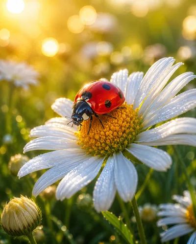 Ladybug Resting On A White Daisy Flower