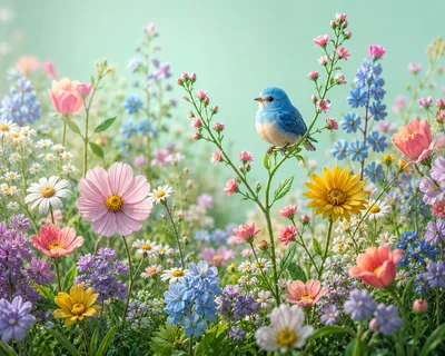 Small Blue Bird Perched on Wildflower Stem