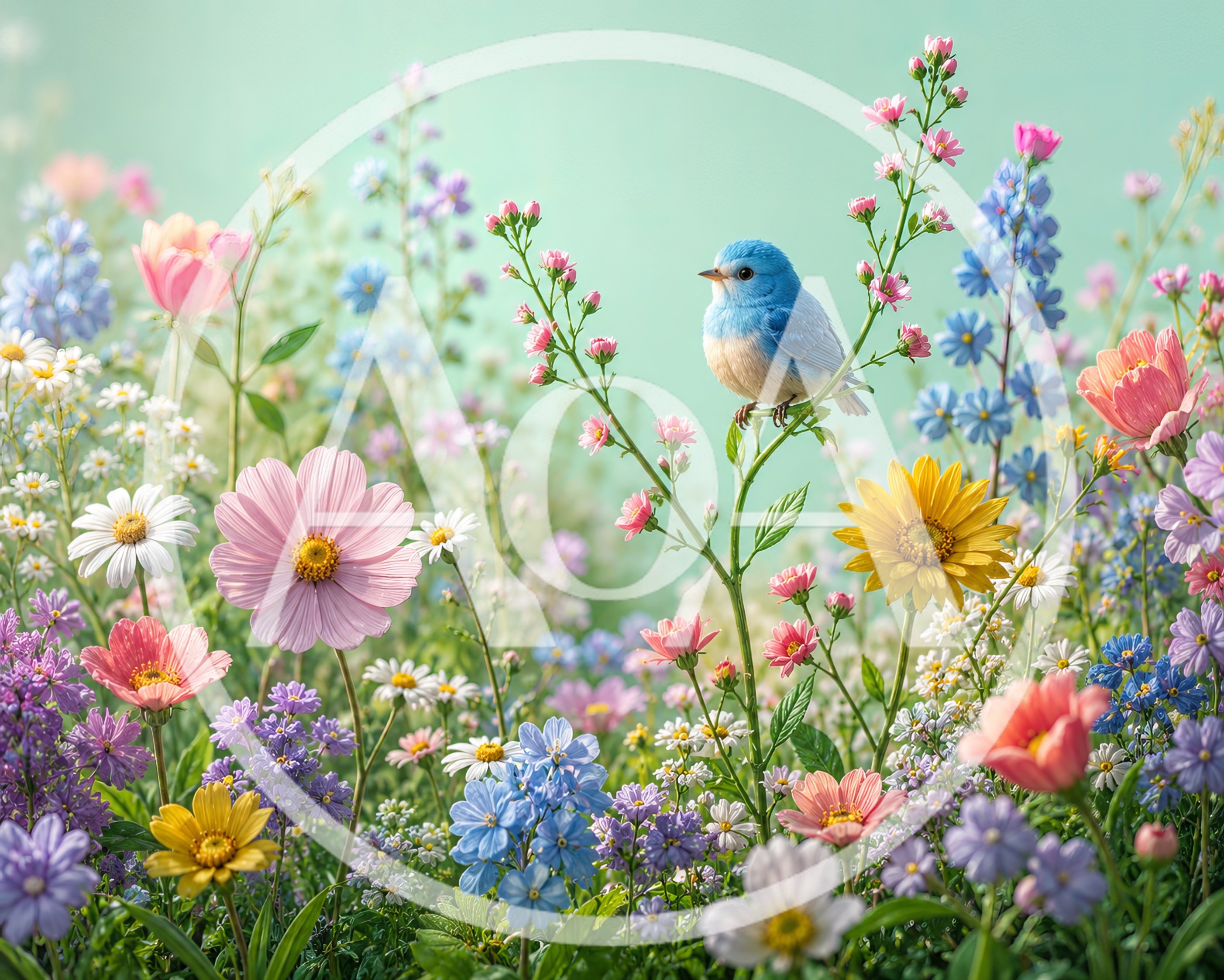 Small Blue Bird Perched on Wildflower Stem