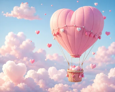 Pink Heart Shaped Hot Air Balloon Floating In Sky