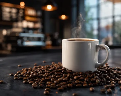 Steaming White Coffee Mug Surrounded By Roasted Coffee Beans
