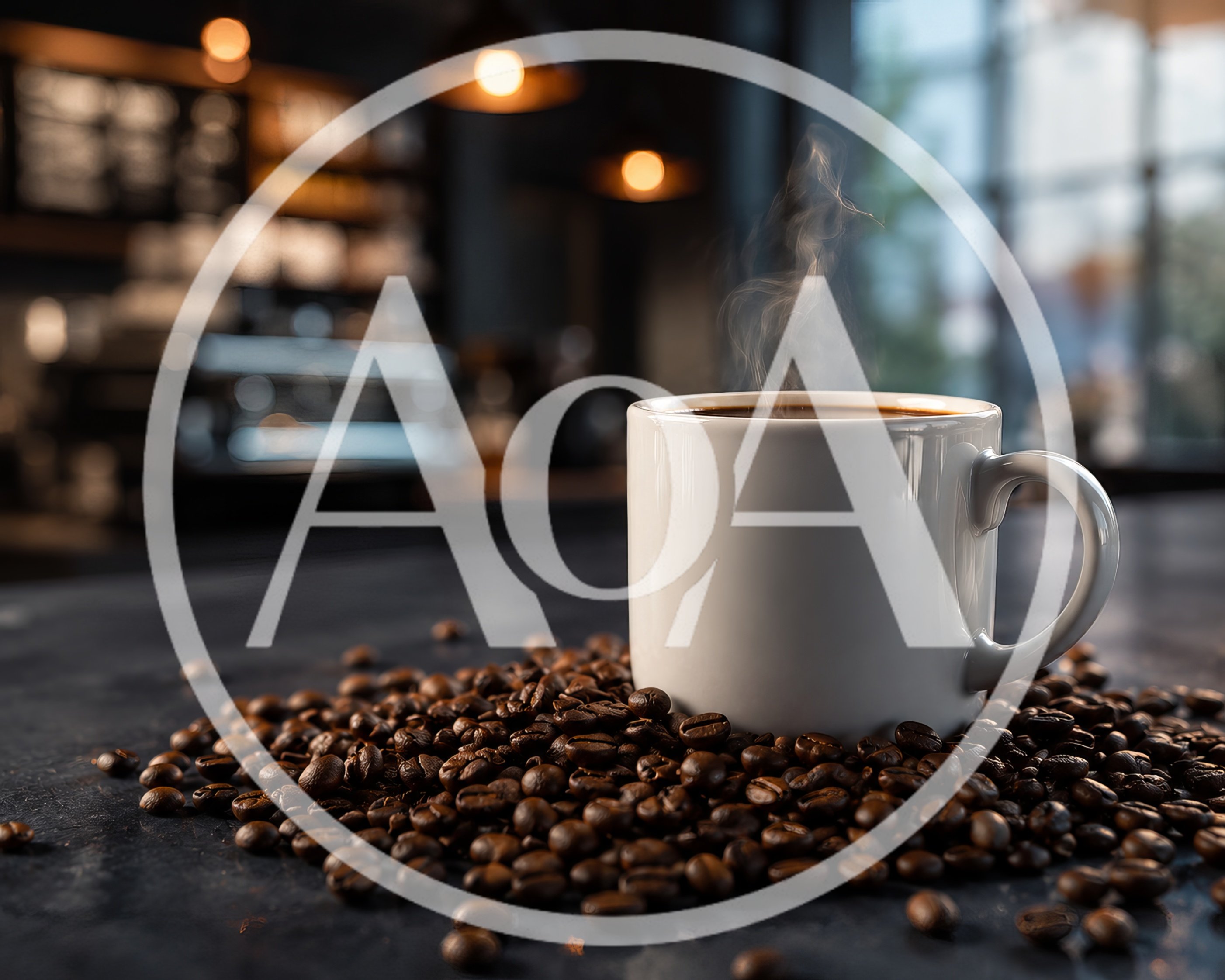 Steaming White Coffee Mug Surrounded By Roasted Coffee Beans
