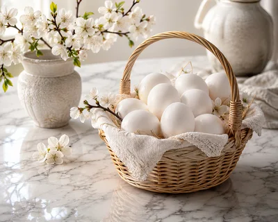 Easter Basket With White Eggs And Cherry Blossoms