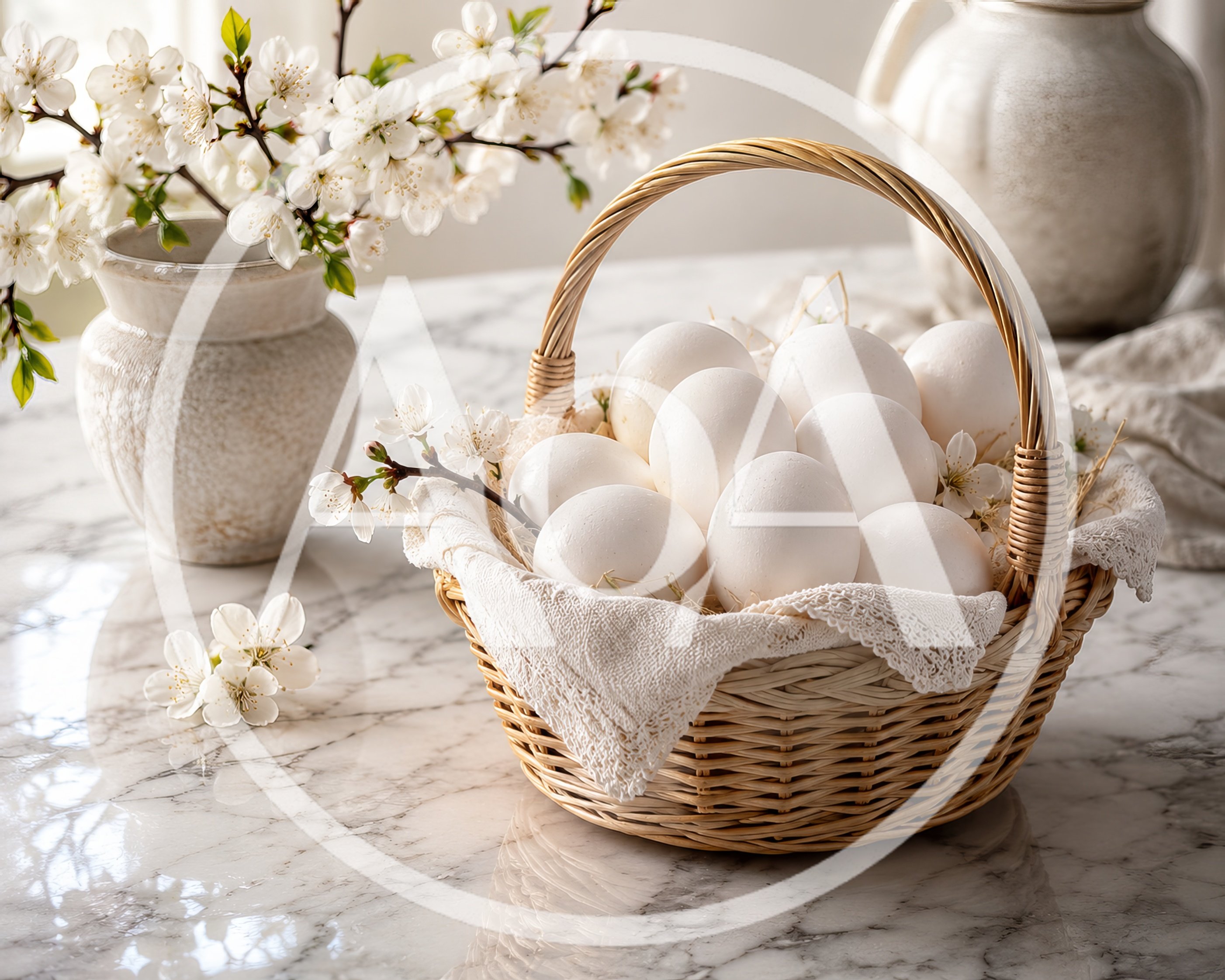 Easter Basket With White Eggs And Cherry Blossoms