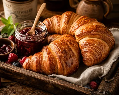 Freshly Baked Croissants With Berry Jam On Wooden Tray