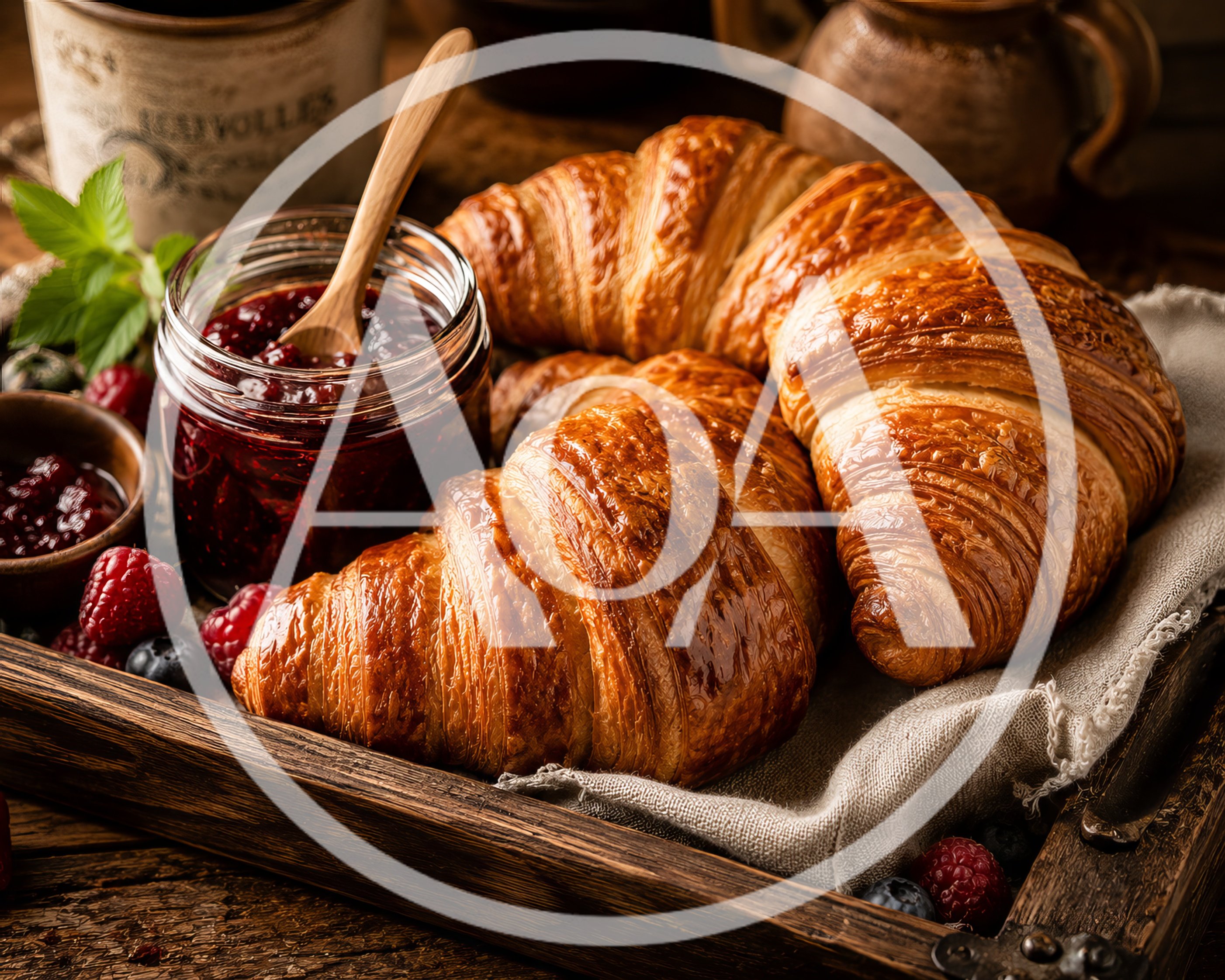 Freshly Baked Croissants With Berry Jam On Wooden Tray