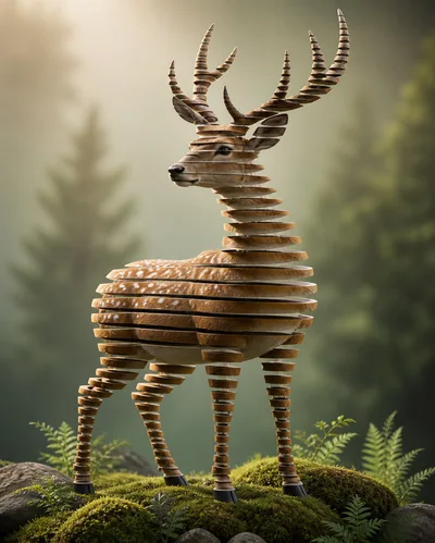 Sliced Wooden Deer Sculpture In A Forest Setting