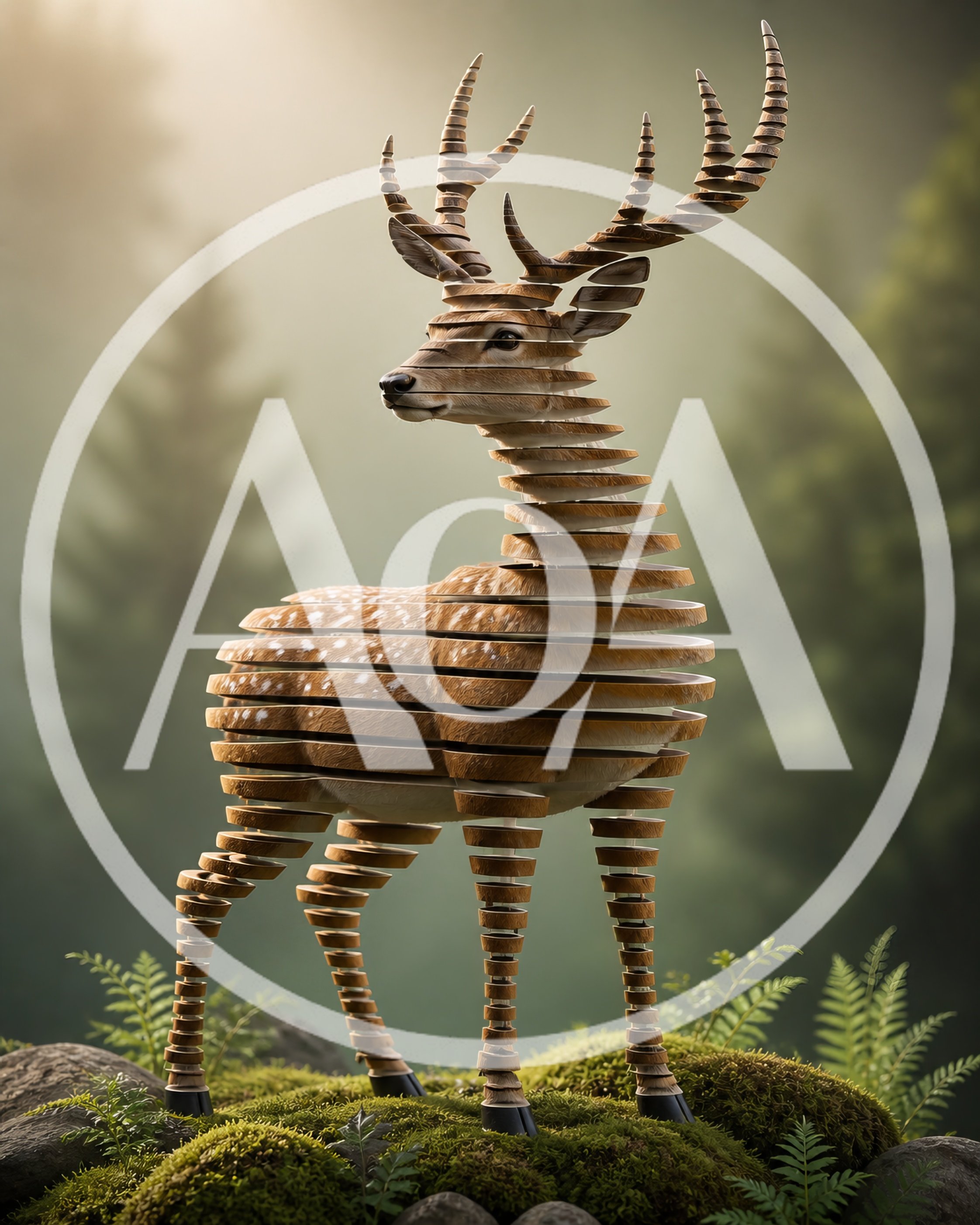 Sliced Wooden Deer Sculpture In A Forest Setting