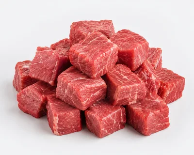 Fresh Raw Beef Cubes Stacked On White Background