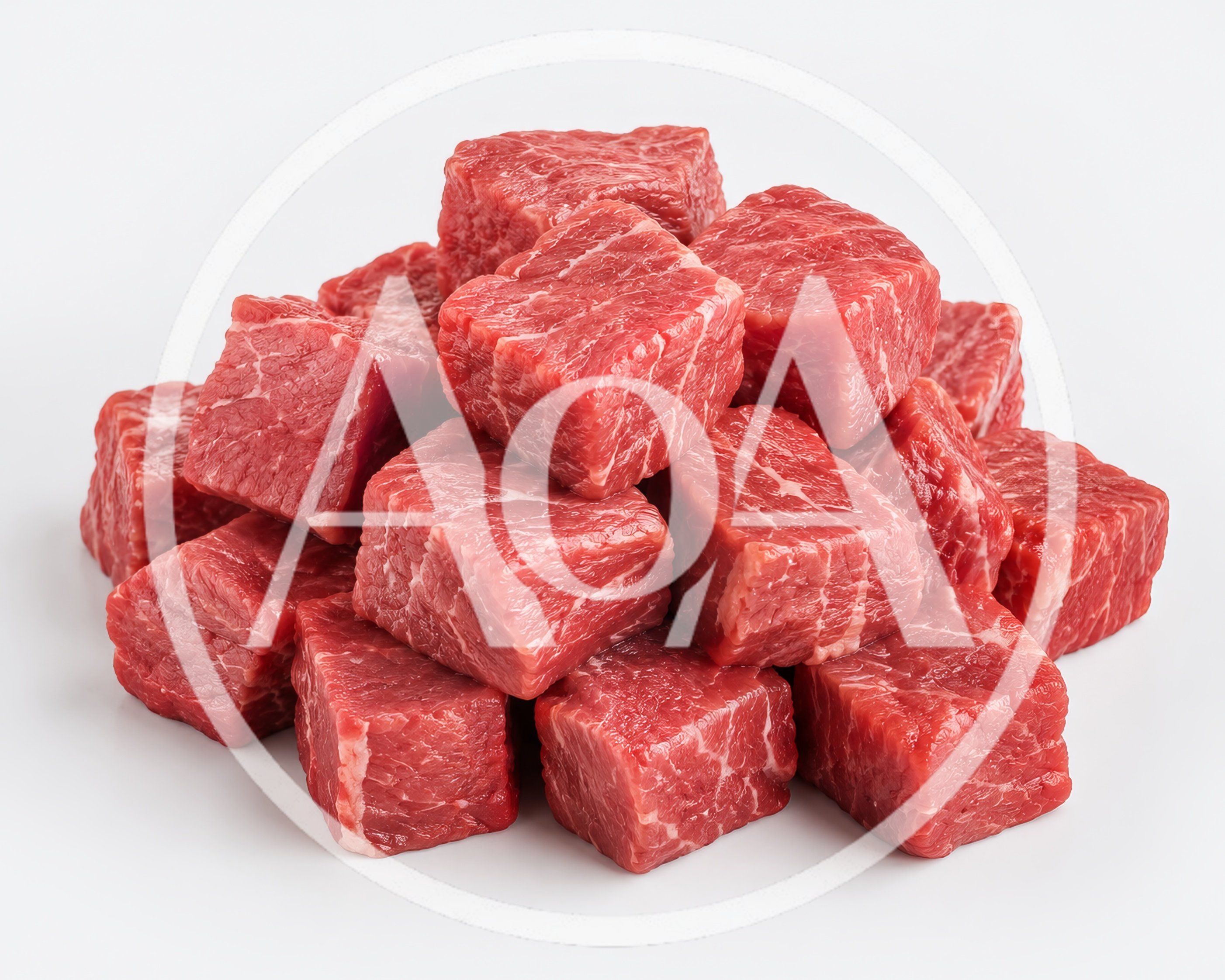 Fresh Raw Beef Cubes Stacked On White Background