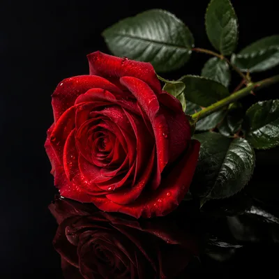 Single Red Rose With Water Droplets On Black Background
