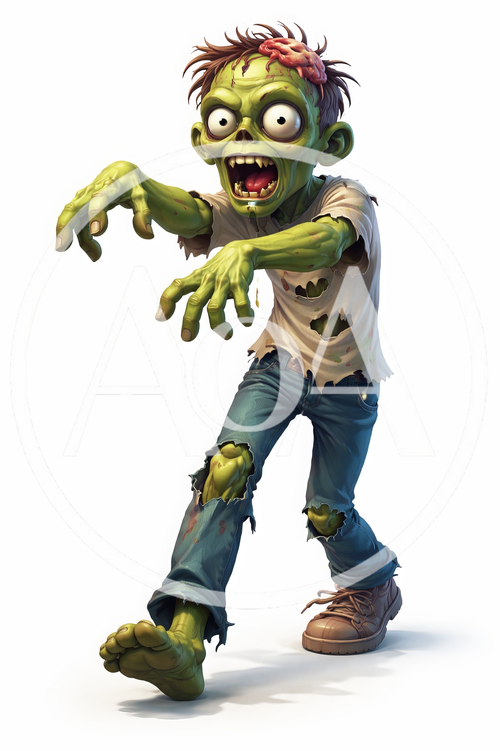 Cartoon Zombie Walking Forward With Exposed Brain
