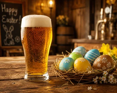 Glass of Beer and Easter Eggs in a Rustic Pub