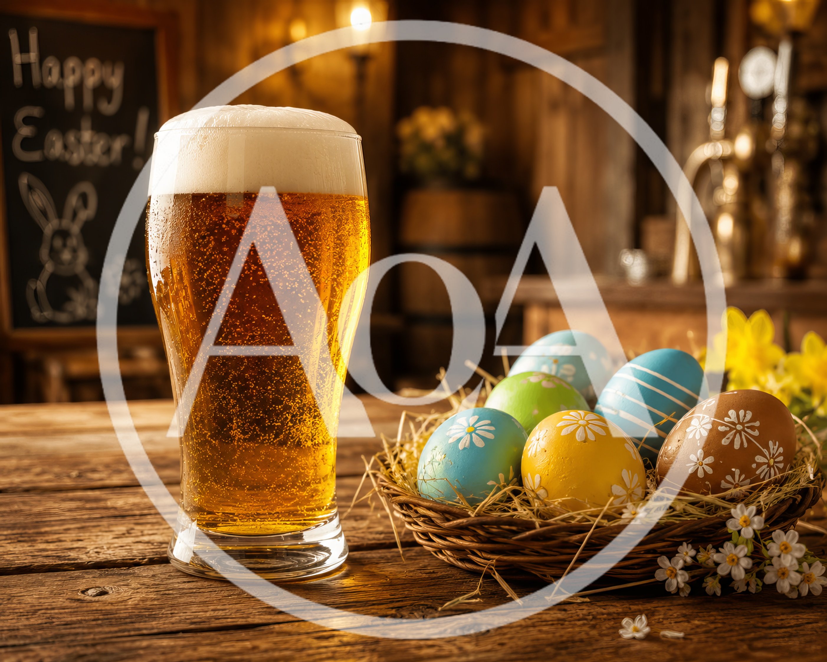 Glass of Beer and Easter Eggs in a Rustic Pub