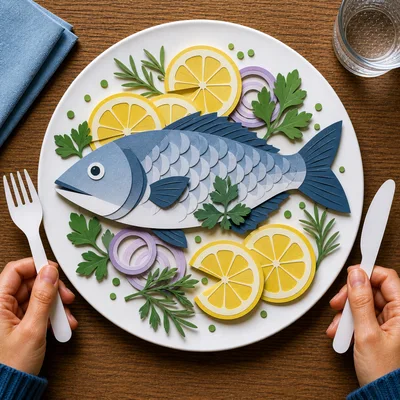 Paper Craft Fish Dish With Lemon And Herbs