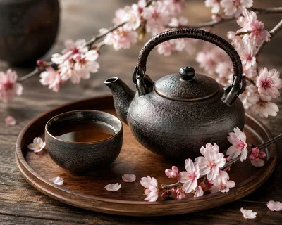 Traditional Japanese Cast Iron Teapot And Cup With Cherry Blossoms
