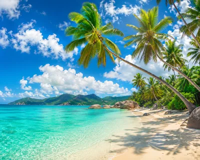 Tropical Beach Landscape With Palm Trees And Turquoise Water