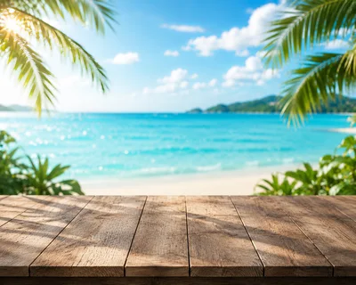 Empty Wooden Table Overlooking Tropical Beach