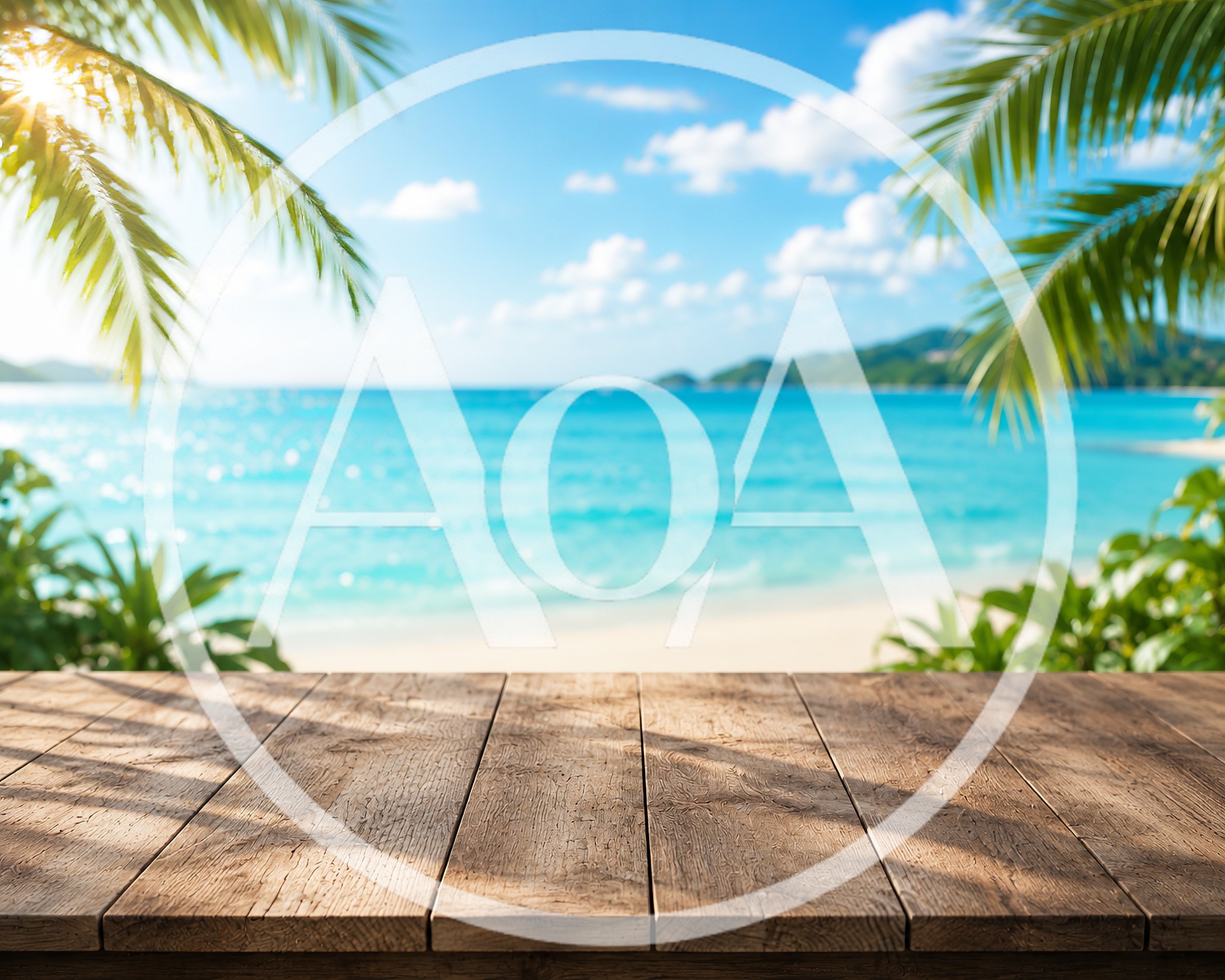 Empty Wooden Table Overlooking Tropical Beach
