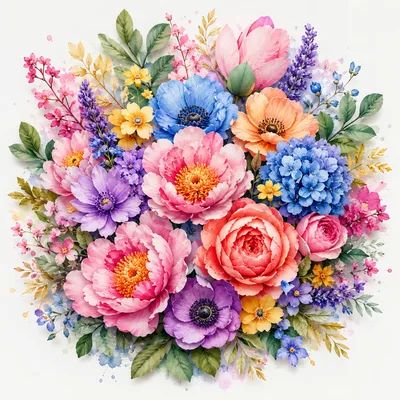 Watercolor Floral Bouquet With Vibrant Spring Flowers