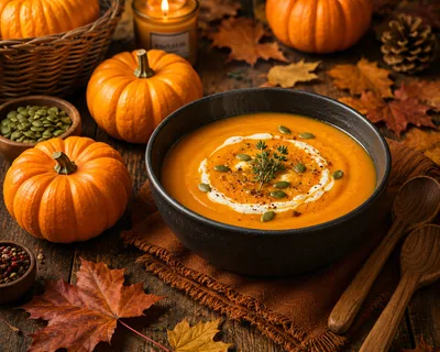 Pumpkin Soup Served in a Rustic Bowl