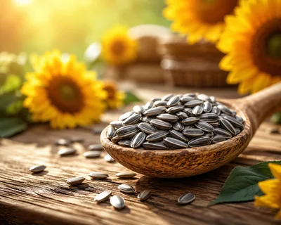 Wooden Spoon Filled With Raw Sunflower Seeds