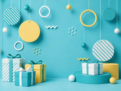 3D Rendered Festive Gift Boxes and Hanging Ornaments