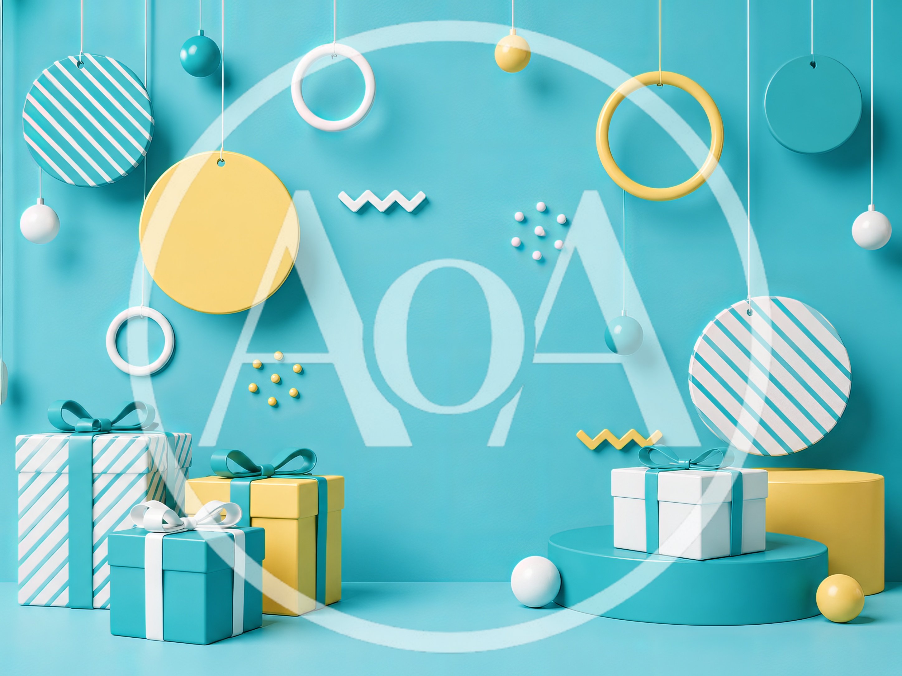 3D Rendered Festive Gift Boxes and Hanging Ornaments