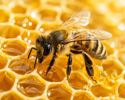 Honey Bee Working On A Golden Honeycomb