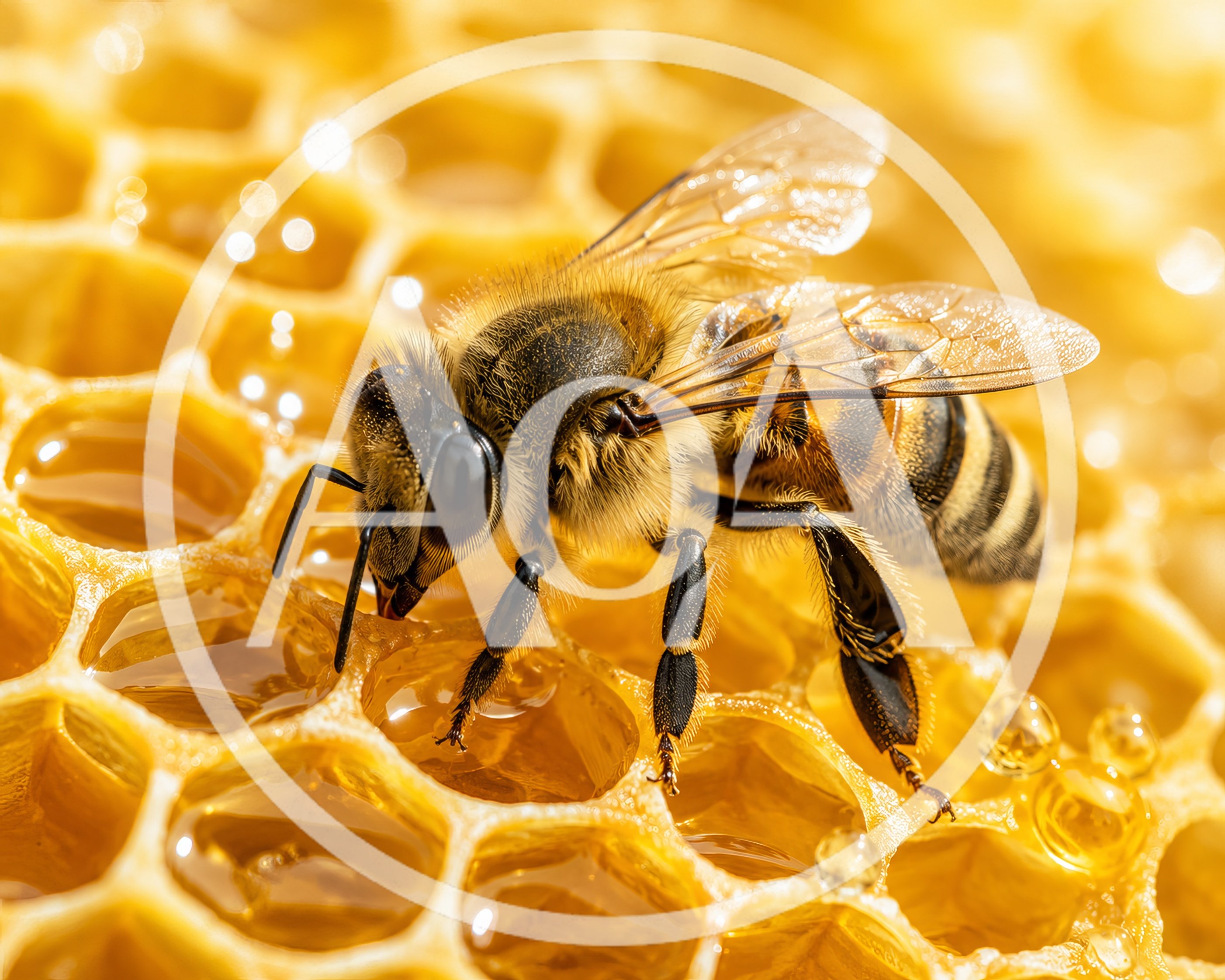Honey Bee Working On A Golden Honeycomb