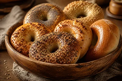 Assorted Freshly Baked Bagels In A Wooden Bowl