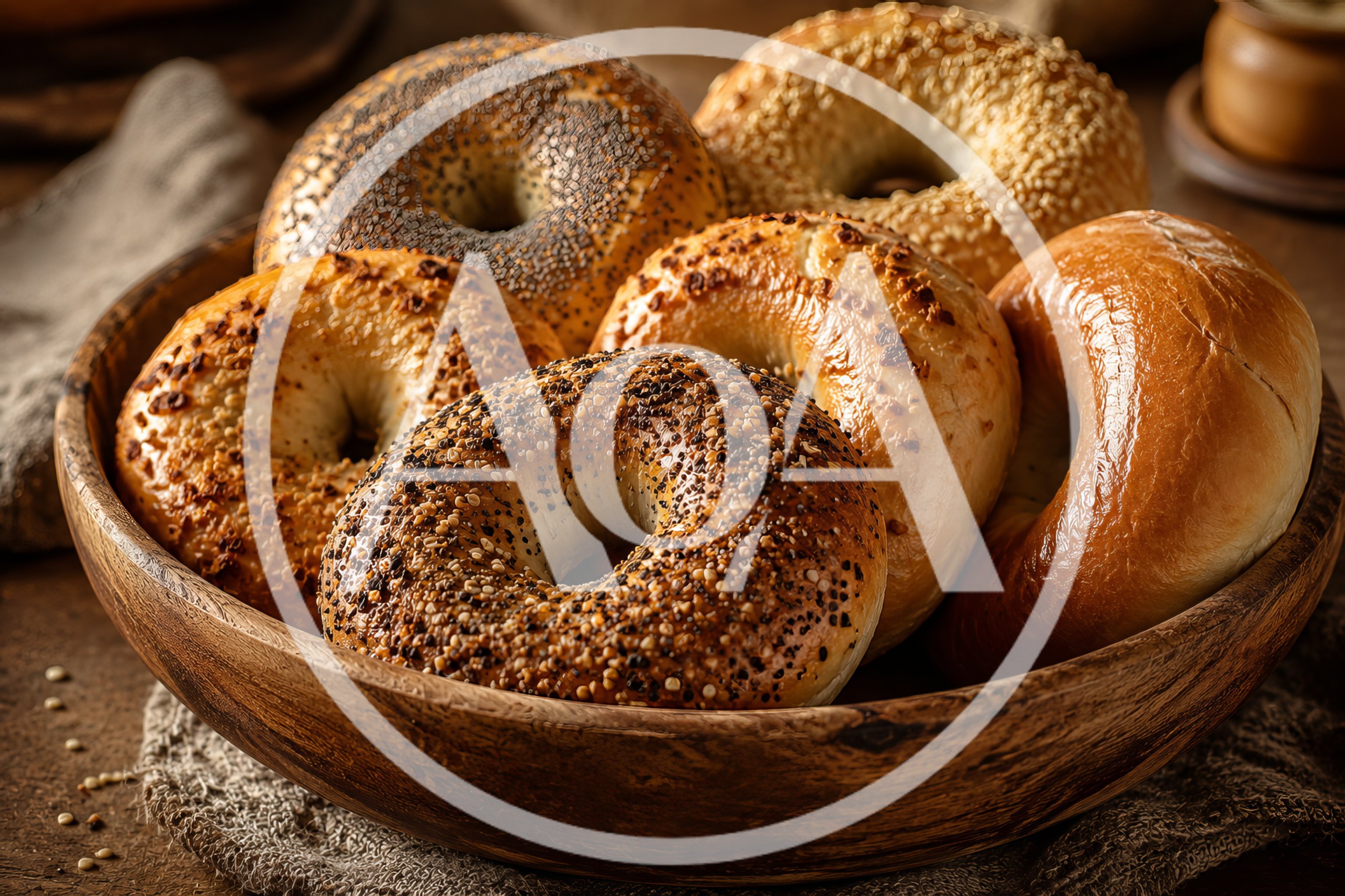 Assorted Freshly Baked Bagels In A Wooden Bowl